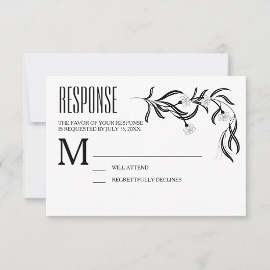 Boho Art Deco Black and White Floral Response Card RSVP Karte (Vorderseite)