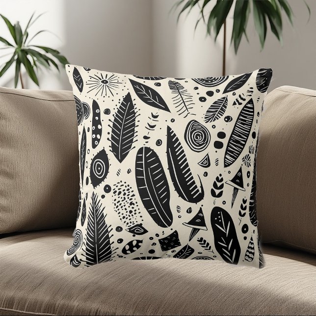 Boho Art Tribal Elements Black White Monochrome   Kissen (Boho Art Tribal Elements Black White Monochrome Throw Pillow)