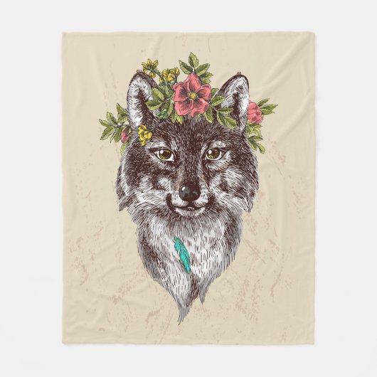 Boho Art-Wolf-Halo-Porträt Fleecedecke (Vorderseite)
