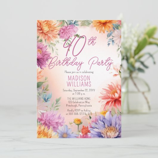 Boho Aster Flowers Floral 40th Birthday Party Einladung (Stehend Vorderseite)