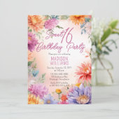 Boho Aster Flowers Floral Sweet 16 Birthday Party Einladung (Stehend Vorderseite)