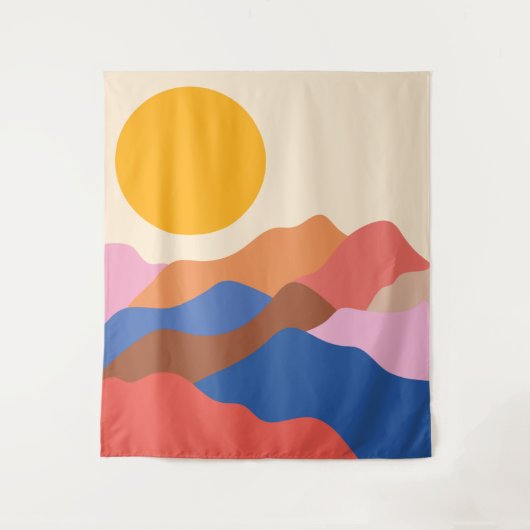 Boho Ästhetische Abstrakte Landschaftsgebirge Blau Wandteppich (Vorderseite)