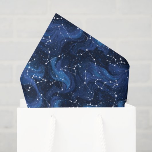 Boho-Astrologie-Tierkreiszeichen-Muster auf Blau Seidenpapier (Geschenktüte)