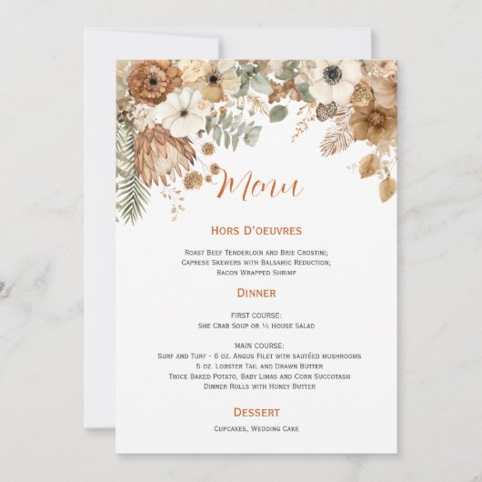 Boho Autumn Dried Flowers Wedding | Menu Einladung (Vorderseite)