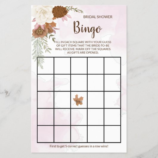 Boho Autumn Floral Brautparty Bingo Game Card Flyer (Vorne)