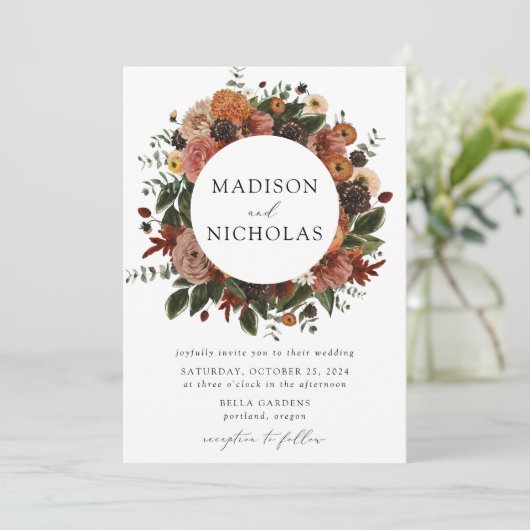 Boho Autumn Floral Frame Wedding Einladung (Stehend Vorderseite)