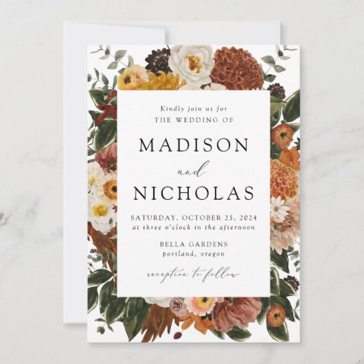 Boho Autumn Floral Frame Wedding Einladung (Vorderseite)