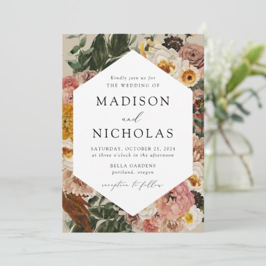 Boho Autumn Floral Geometric Frame Wedding Einladung (Stehend Vorderseite)