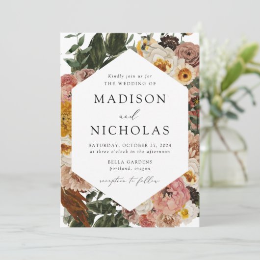 Boho Autumn Floral Geometric Frame Wedding Einladung (Stehend Vorderseite)