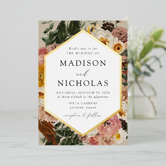 Boho Autumn Floral Geometric Frame Wedding Folieneinladung (Stehend vorne)