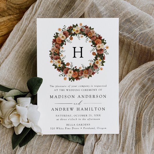 Boho Autumn Floral Monogram Wedding Einladung