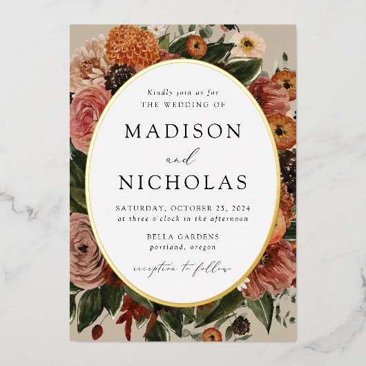 Boho Autumn Floral Oval Frame Wedding Folieneinladung (Vorderseite)