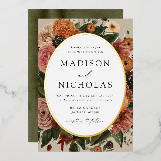 Boho Autumn Floral Oval Frame Wedding Folieneinladung (Vorderseite/Rückseite)