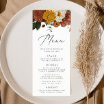 Boho Autumn Floral Wedding Menükarte<br><div class="desc">Rustikales Hochzeitsmenü mit einem obersten Rand von Aquarellfarben und Grün in abgedämpften Herbstfarben von Elfenbein, Orange, Senfgold, Olivgrün, staubige Rose und Braun. Personalisieren Sie Ihre Namen, Ihr Hochzeitstag und Ihre Menüinformationen. Das im Herbst servierte Blumenmenü zeichnet sich durch ein reichhaltiges olivgrünes Aquarell-Design aus. Entworfen, um mit unserer Boho Herbst Floral...</div>