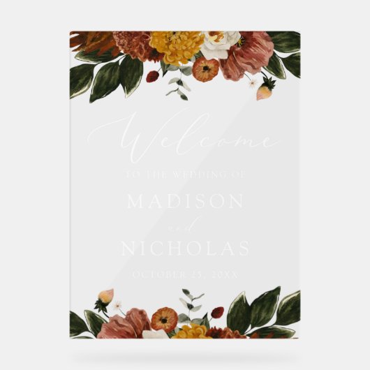 Boho Autumn Floral Wedding Willkommen Acrylschild (Vorderseite)