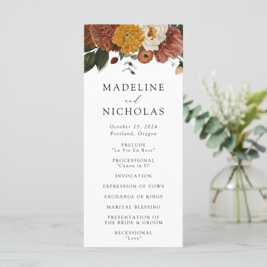 Boho Autumn Floral Wedding Zeremonie Programm (Stehend Vorderseite)
