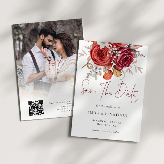 Boho Autumn Florals Foto Overlay QR Code Wedding Save The Date