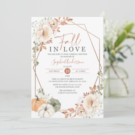 Boho Autumn Pumpkin Fall in Liebe Brautparty Inv Einladung (Stehend Vorderseite)