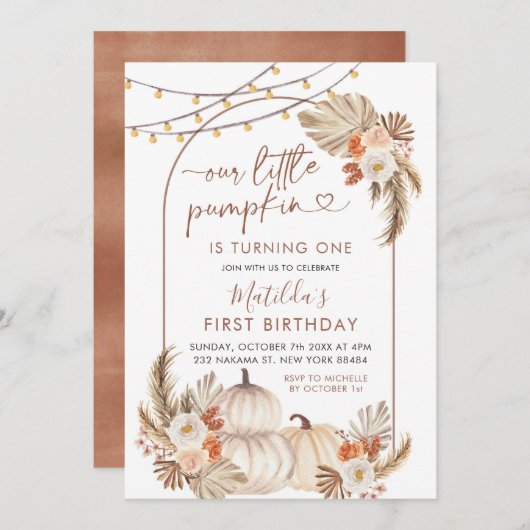 Boho Autumn unser kleiner Pumpkin wird eins Einladung (Vorne/Hinten)