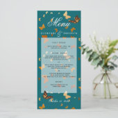 Boho Autumn Wedding Kupfer und Aquamarin Butterfly Menükarte (Stehend Vorderseite)