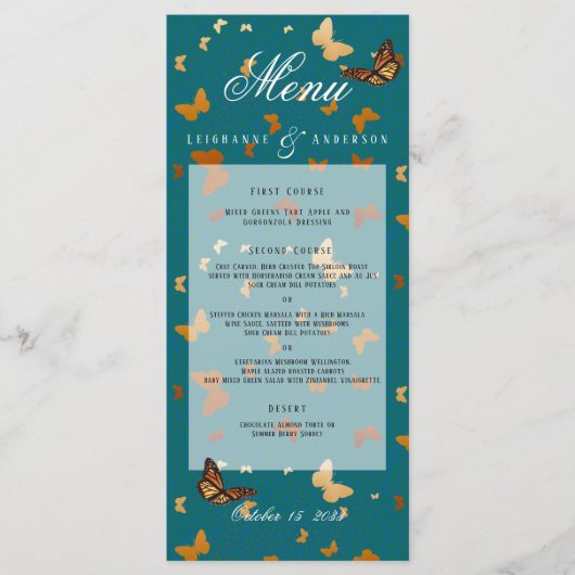 Boho Autumn Wedding Kupfer und Aquamarin Butterfly Menükarte (Vorderseite)