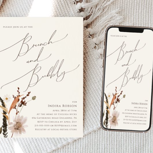 Boho Autumn Wildblume | Beige Brunch und Bubbly Einladung