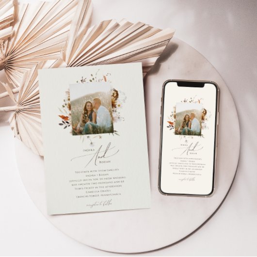 Boho Autumn Wildblume | Beige Foto Hochzeit Einladung