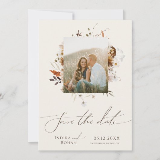 Boho Autumn Wildblume | Beige Foto-Rahmen Save The Date (Vorderseite)