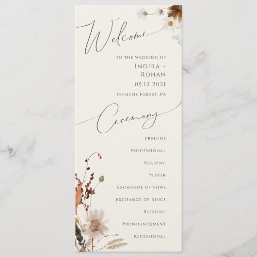 Boho Autumn Wildblume | Beige Hochzeitsprogramm Programm (Vorderseite)