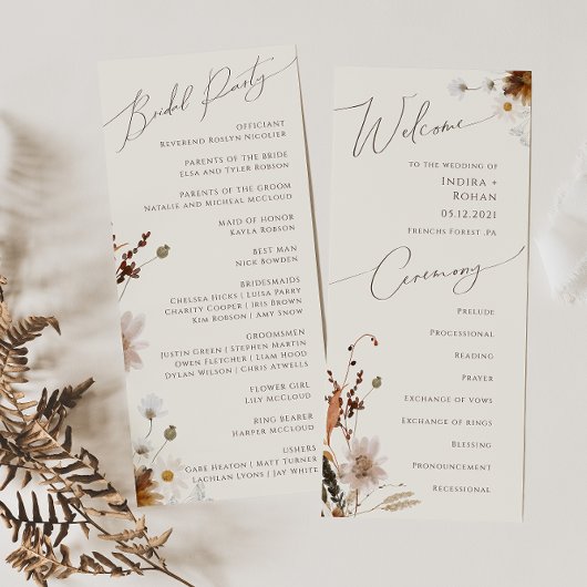 Boho Autumn Wildblume | Beige Hochzeitsprogramm Programm
