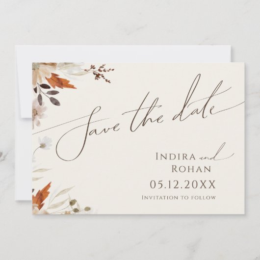 Boho Autumn Wildblume | Beige Horizontal Save The Date (Vorderseite)