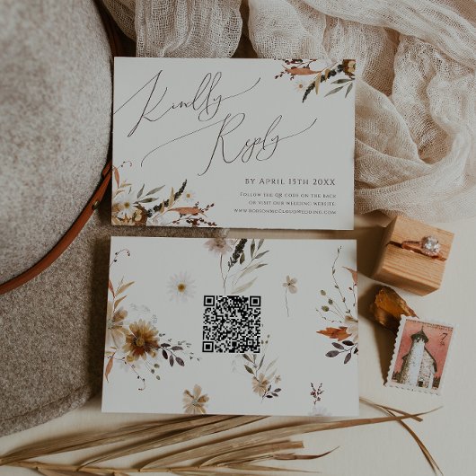 Boho Autumn Wildblume | Beige Horizontaler QR-Code RSVP Karte