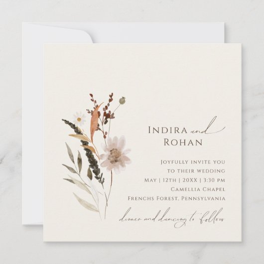 Boho Autumn Wildblume | Beige Square Wedding Einladung (Vorderseite)