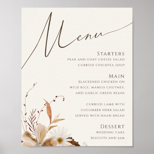 Boho Autumn Wildblume | Beige Wedding Menu Sign Poster (Vorne)