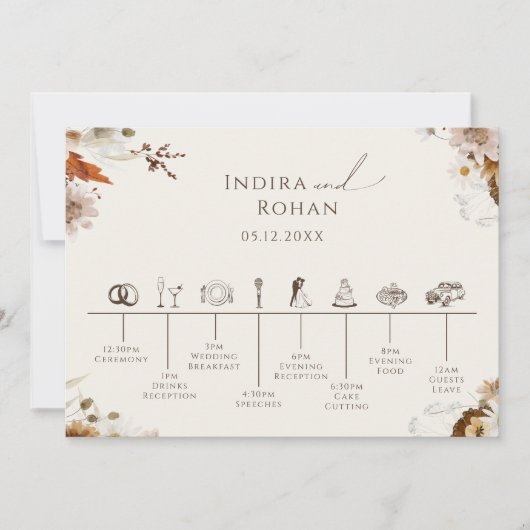 Boho Autumn Wildblume Beige Wedding Timeline Card Save The Date (Vorderseite)