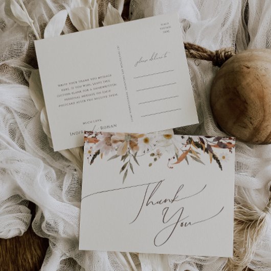 Boho Autumn Wildblume | Beige Wedding Vielen Dank Postkarte