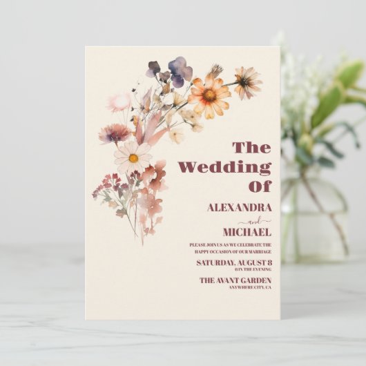 Boho Autumn Wildblume Botanical Wedding Einladung (Stehend Vorderseite)