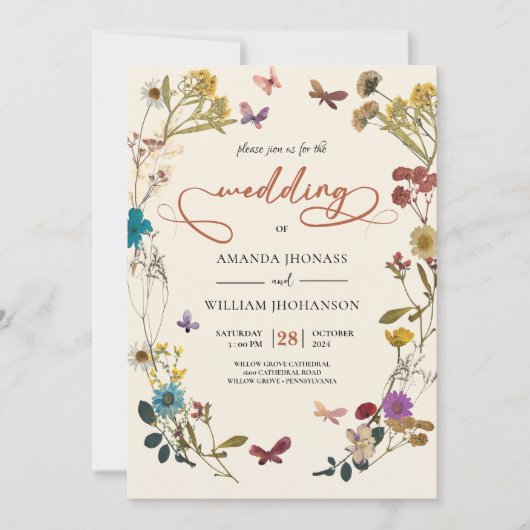 Boho Autumn Wildblume Botanical Wedding Einladung (Vorderseite)