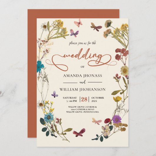 Boho Autumn Wildblume Botanical Wedding Einladung (Vorne/Hinten)