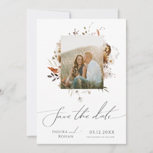 Boho Autumn Wildblume | Foto Frame QR Code Save The Date (Vorderseite)