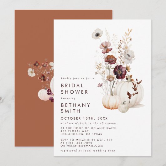 Boho Autumn Wildblume Pumpkin Brautparty Einladung (Vorne/Hinten)