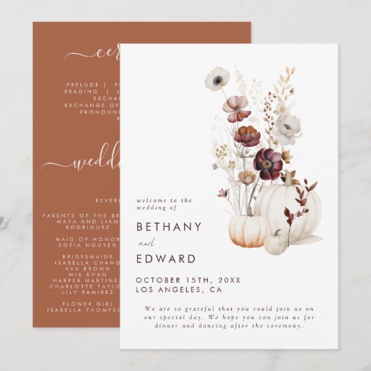 Boho Autumn Wildblume Pumpkin Wedding Programm (Vorne/Hinten)