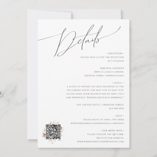 Boho Autumn Wildblume QR Code in einer Hochzeit Einladung (Rückseite)