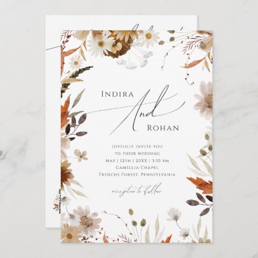 Boho Autumn Wildblume QR Code in einer Hochzeit Einladung (Vorne/Hinten)