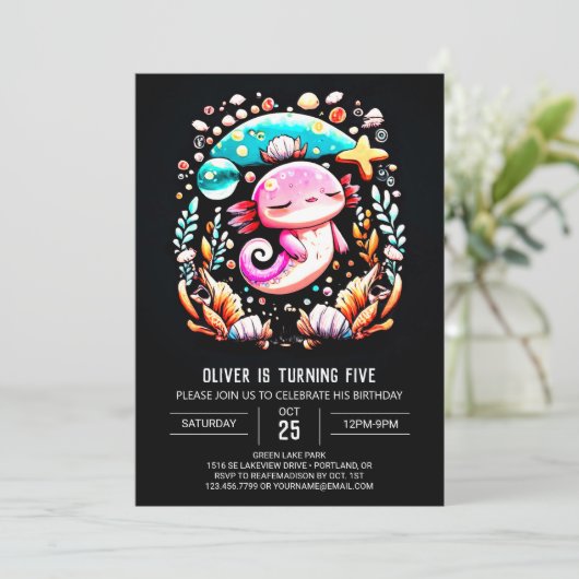 Boho Axolotl Custom Geburtstag Einladung (Stehend Vorderseite)