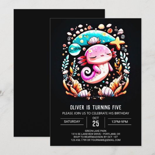 Boho Axolotl Custom Geburtstag Einladung (Vorne/Hinten)