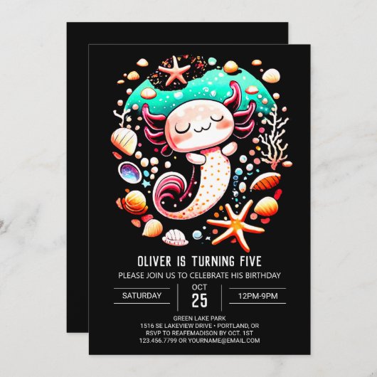 Boho Axolotl Enchanted Birthday Einladung (Vorne/Hinten)