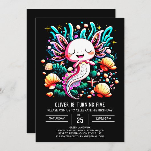 Boho Axolotl Kindergeburtstag Einladung (Vorne/Hinten)