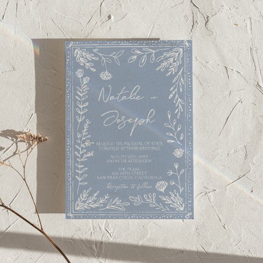 Boho Azure Blue Floral Botanical Modern Wedding Einladung