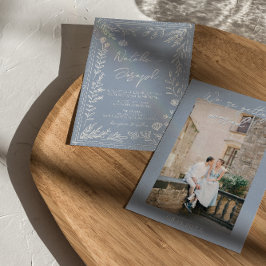 Boho Azure Blue Floral Botanical Photo Fun Wedding Einladung